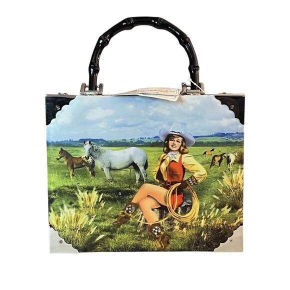 Vintage Blossom Cowgirl Horse Western Cigar Box Purse Handbag Top Handle - Picture 2 of 15